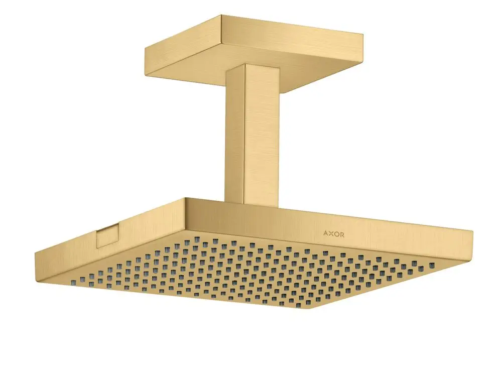 Deckenhängende Kopfbrause in gebürstetem Gold mit rechteckiger Form und gleichmäßigen Düsen, gefertigt von AXOR.
